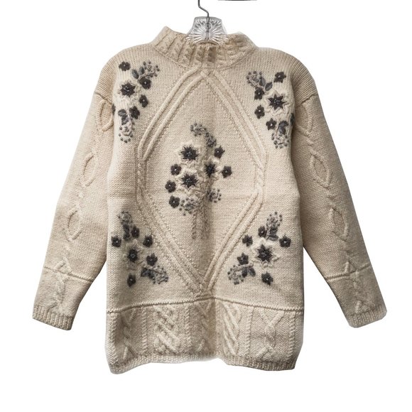 Vintage Sweaters - Vintage cream grey floral knit mock neck sweater
